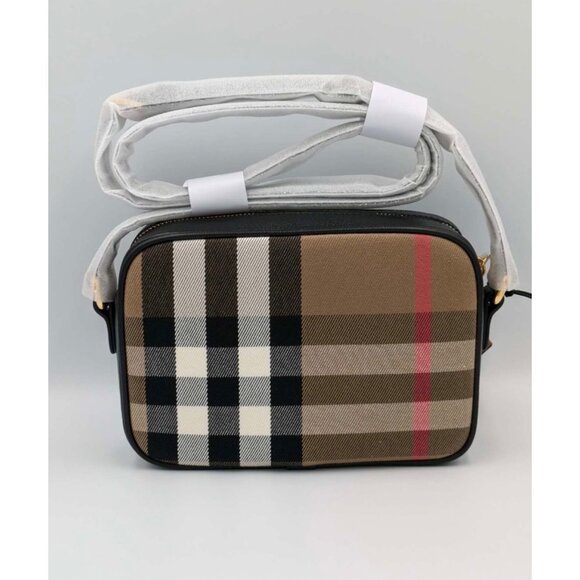 Burberry Small Camera Check Leather Canvas Crossbody Bag Black 8085080 - Picture 2 of 13
